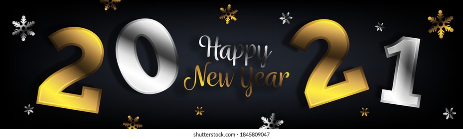  Feliz Año Nuevo 2021 diseño de banner web horizontal con números dorados de plata y copos de nieve sobre fondo negro 