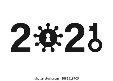 Happy new year 2021 icon, key, covid-19 virus. Vector illustration.