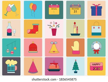 Happy New Year 2021 icons set.Collection for Party. celebration,champagne,gift,happy,Vector concept champagne designs and new year celebration.