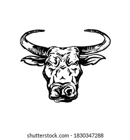 Happy New Year 2021 Illustration, Emblem or Greeting Card Template. Hand Drawn Black Bull or Ox Head Chinese Zodiac Sign on White Background. Holiday Symbol. Isolated.