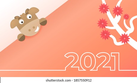 Happy New Year 2021. Illustration of a buffalo appearing from behind a paper, decorated with red flowers and white trees. animal smiling. chinese new year celebration. typography numbers 2021