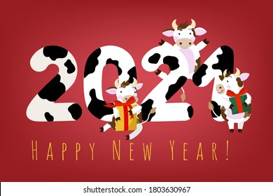 Happy New Year. 2021. New Year 2021. The inscription of the year with a bull jumping happily, holding a gift in his hand, looking happily into the future. Vector illustration for congratulations