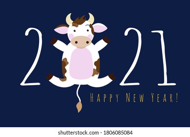 Happy New Year. 2021. New Year 2021. The inscription of the year with a bull instead of the number "zero" jumping happily. Vector illustration for congratulations, calendar, banner for the site.