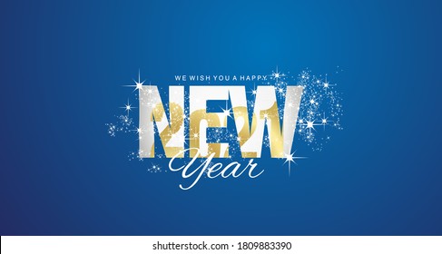 Alles Gute zum Neujahr 2021 im Feuerwerk, goldblauer abstrakter Hintergrund