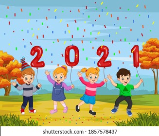 Happy New Year 2021 with kid holding a balloon numbers