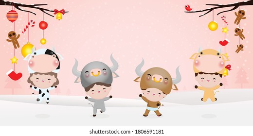 Happy New Year 2021 kids background, cute kids wearing cow animal costumes isolated on background, Little children in their ox Animal Costumes, cute child in cosplay the year of the ox Vector 