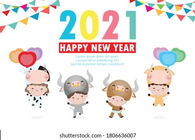 Happy New Year 2021 kids background, cute kids wearing cow animal costumes isolated on background, Little children in their ox Animal Costumes, cute child in cosplay the year of the ox Vector 