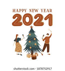 Happy New Year 2021 label. Guy and girl celebrate Christmas at cozy home. Cartoon characters. Vector family illustration.