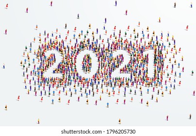 Happy New Year 2021. A Large group of people form to create 2021. Vector illustration.