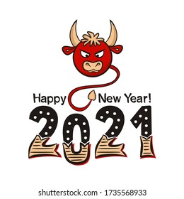 Happy new year 2021. Lettering of hand-drawn numbers and red bull on a white background. 2021 calendar heading. Vector illustration for the design of New Year cards and posters.