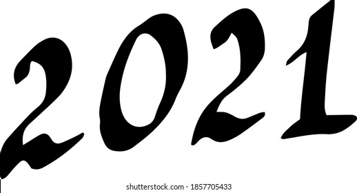 Happy new year 2021 lettering calligraphy lettering. Hand-drawn vector illustration. Doodle sketch. Separate element on a white background. Black and white line.