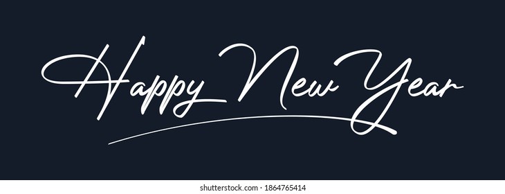 Happy New Year 2021 Lettering Calligraphy with White Text Color, isolated on Black Background. Vector Graphic Illustration for Greeting Cards, Web, Presentation.