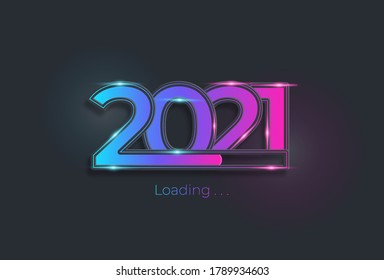 Happy new year 2021 with loading blue neon style. Progress bar almost reaching new year's eve. Vector illustration with 2021 loading. Isolated or dark light blue background