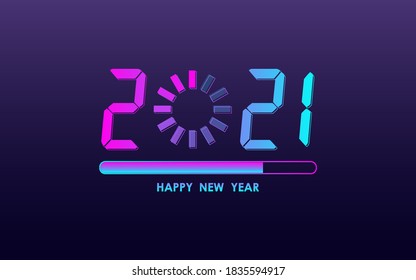 feliz año nuevo 2021 cargando barra de progreso con fondo de color de luz de neón