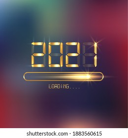Happy new year 2021 with loading icon in flat gold led neon digital time style. Progress bar almost reaching new year's eve. Vector display golden 2021 loading isolated or colorful luxury background