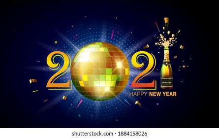 Happy New Year "2021" loading fun, music celebration background, typography text with Disco ball, night party and Covid 19 coronavirus background editable vector illustration