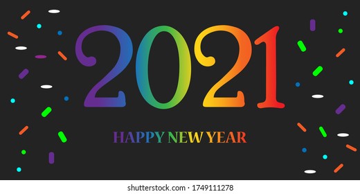 Happy New Year 2021 logo text design. Background with national flag of LGBT. Brochure design template, card, banner. Vector illustration.