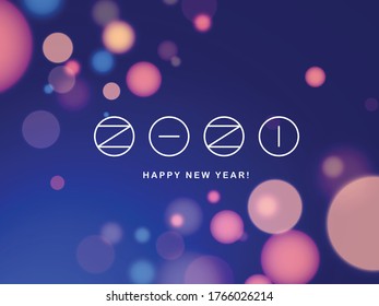 Happy New Year 2021 logo text design. Vector modern minimalistic text with numbers. Concept design. Christmas background with blur, boken, light, glare effects, stars, snowflakes, snow.