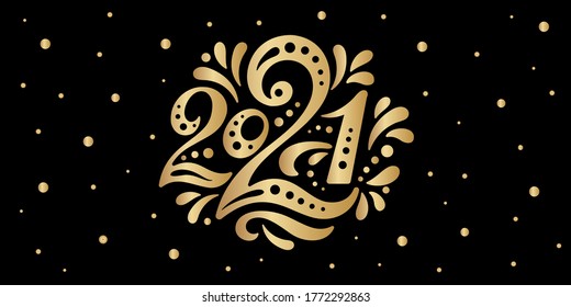 Happy New year 2021. The logo of number 2021 is in Russian style with curls. Vector web banner, poster, greeting for social networks and media. Gold logo 2021 on black background with golden sequins