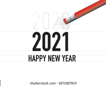 Happy New Year 2021 logo text design with pencil erasing 2020 text.