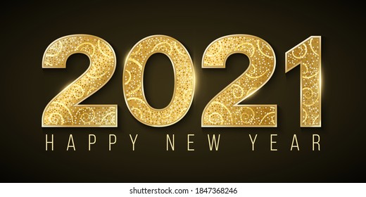 Happy New Year 2021. Luxurious golden numbers with chic retro lamps. Elegant greeting card. Vector illustration.