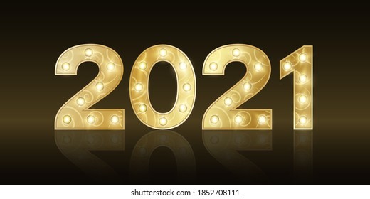 Happy New Year 2021. Luxurious golden numbers with chic retro lamps. Elegant greeting card for your festive event. Vector illustration. EPS 10