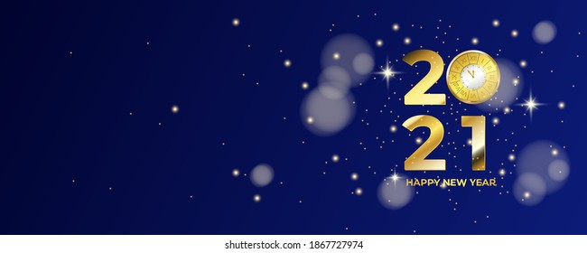 Happy New Year 2021. Luxurious New Year Celebration banner with vintage golden glowing clock on dark blue background