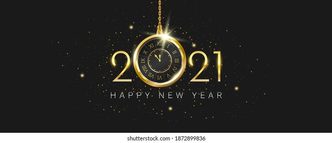 Happy New Year 2021. Luxurious New Year Celebration Banner with antique gold clock hanging, sparkling glitters, and stars on black background. Realistic 3D object. Holiday vector illustration.