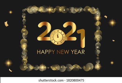 Happy New Year 2021 Luxury and Elegant Design. Vector illustration of golden 2021 logo numbers with clock on black background. Perfect typography for happy new year and 
 Christmas celebration design.