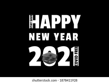 Happy new year 2021 with medical black mask vector, typographic banner ep07