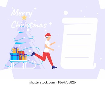 Happy New Year 2021. Men drag gifts on snowboard for Christmas. Celebrate the feast of 2021. Christmas posters, banners, cover cards, brochures, flyers.