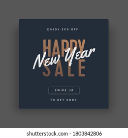 Happy New Year 2021 and Merry Christmas sale stories template for social media. Vector illustration with gold lettering for flyer, banner, invitation card or instagram.