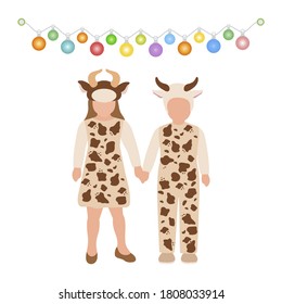 Happy new year 2021, Merry Christmas Vector illustration Children dressed in carnival costumes of  bull stand holding hands under garland of lights on white background. Design for postcard, web, print