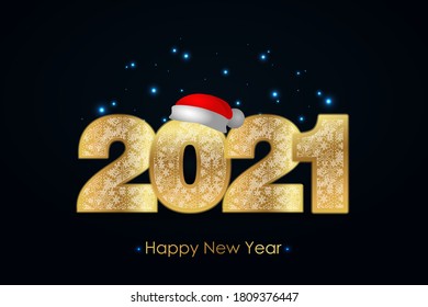 Happy New Year 2021 and Merry Christmas greeting card. Golden numbers with red santa hat and  snowflakes pattern on black background with glowing stars light. Vector illustration