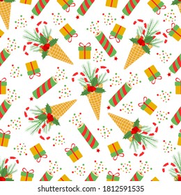 Happy New Year 2021 Merry Christmas seamless pattern Vector illustration with ice cream waffle cone, candy canes, sprig of Christmas trees, gift, mistletoe, fireworks. Design for paper, fabric, print