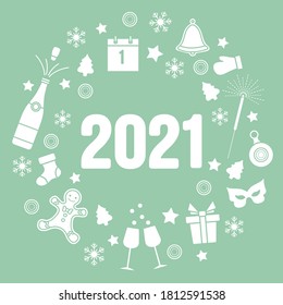 Happy New Year 2021 Merry Christmas Vector illustration Gift, bell, Christmas tree, bottle, gingerbread man, glasses, mitten, calendar, mask, Christmas sock, snowflakes Winter holiday Design for print