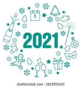 Happy New Year 2021 Merry Christmas Vector illustration Gift, bell, Christmas tree, bottle, gingerbread man, glasses, mitten, calendar, mask, Christmas sock, snowflakes Winter holiday Design for print