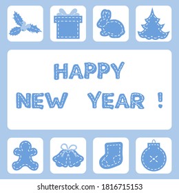 Happy New Year 2021, Merry Christmas Vector illustration Mistletoe, gift, hare, gingerbread man, sock, ball, Christmas tree, bells. Design for web page, sticker, print.
