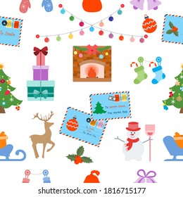 Happy New Year 2021 Merry Christmas vector seamless pattern Letters to Santa Claus, gifts, socks, light bulbs, Christmas tree, snowman, sleigh, deer, mittens, fireplace, mistletoe bells Winter holiday
