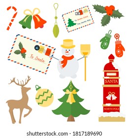 Happy New Year 2021 Merry Christmas vector illustration Santa's mailbox, letters to Santa, Christmas tree, mistletoe, snowman, bells, candy cane, mittens, deer. Winter holiday symbol. Design for print