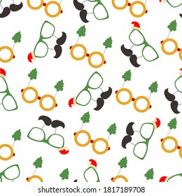 Happy new year 2021, Merry Christmas vector seamless pattern Glasses with christmas trees and glasses with Santa's hat and mustache. Masquerade Party Background. Design for wrapping, fabric, print.