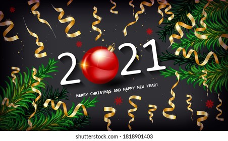 Happy New Year 2021 and Merry Christmas greeting card design with numbers of gold beads, golden spruce branches and Christmas