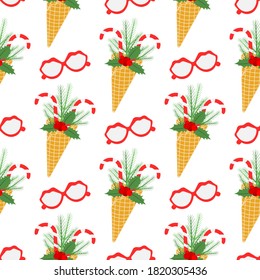 Happy New Year 2021 Merry Christmas seamless pattern Vector illustration with ice cream waffle cone, candy canes, sprig of Christmas trees, carnival glasses, mistletoe. Design for fabric, paper, print