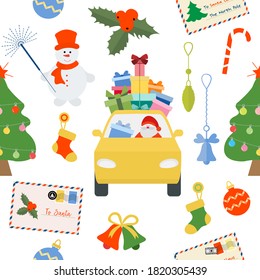 Happy New Year 2021 Merry Christmas vector seamless pattern Santa Claus driving car gifts letters to Santa socks Christmas tree snowman, mistletoe candy cane sparkler Winter holiday Festive background
