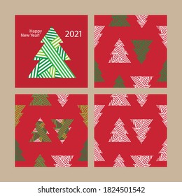 Happy New Year 2021. Merry Christmas. Greeting card with abstract Christmas tree. Simple seamless patterns for gift wrap, textile, fabric manufacturing, wallpaper, covers, surface, print. Vector.