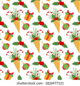 Happy New Year 2021 Merry Christmas seamless pattern Vector illustration with ice cream waffle cone, candy canes, sprig of Christmas trees, gift, mistletoe. Design for packaging paper, fabric, print