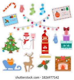 Happy New Year 2021 Merry Christmas vector illustration Letters to Santa Claus, gifts, candy cane, socks, bulbs, Christmas tree, snowman, sleigh, deer, mittens, fireplace, mistletoe, mailbox Нoliday