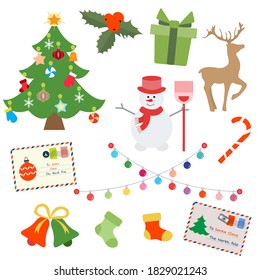 Happy New Year 2021 Merry Christmas vector illustration Letters to Santa Claus, gift, Christmas tree, deer, mistletoe, light bulbs, snowman bells sock candy cane Winter holiday symbol Design for print