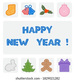 Happy New Year 2021, Merry Christmas Vector illustration Mistletoe, gift, hare, gingerbread man, sock, ball, Christmas tree, bells. Design for web page, sticker, print.