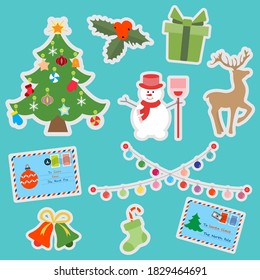 Happy New Year 2021 Merry Christmas vector illustration Letters to Santa Claus, gift, Christmas tree, deer, mistletoe, light bulbs, snowman bells sock candy cane Winter holiday symbol Design for print